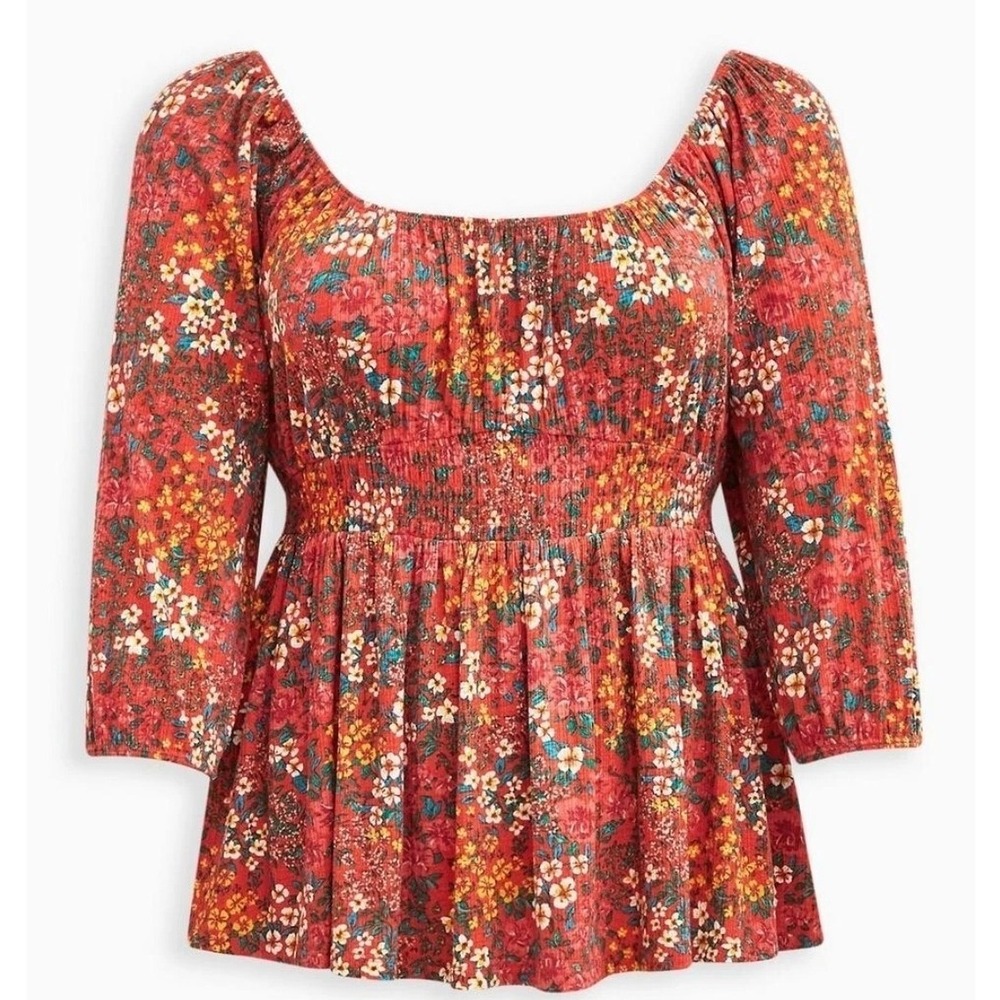 Torrid Textured Jersey Smocked Waist Blouse Top Plus Size 3X Orange Floral
